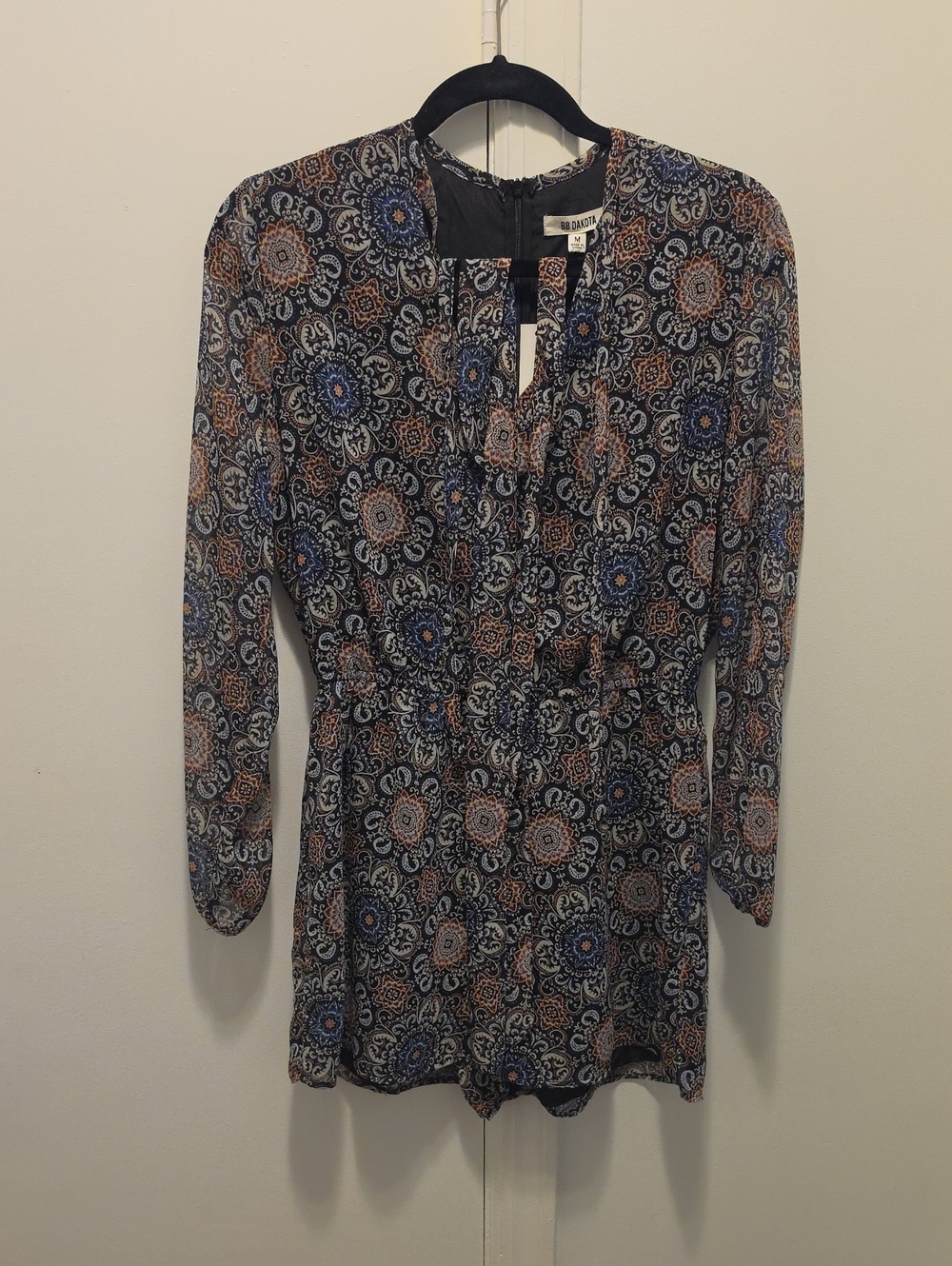 BB DAKOTA Paisley Long Sleeve Romper With Waist Tie
